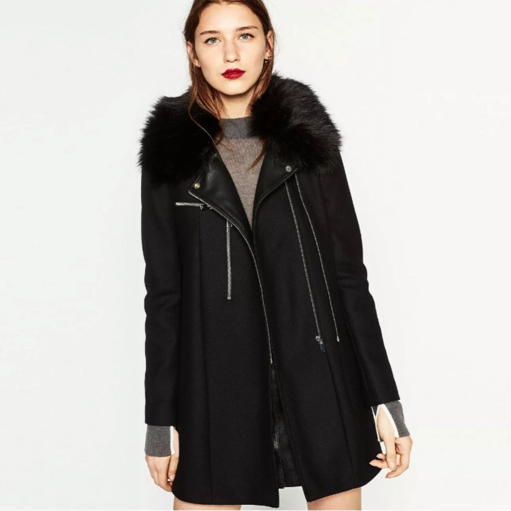 Zara coat with faux fur & leather accent sz: Small